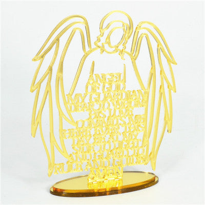 Gold Religious Laser Cut Guardian Angel Prayer with Acrylic Mirror Base Stand Gold Acrylic Mirror Finish Guardian Angel Stand With Gold Writing Cut Through.