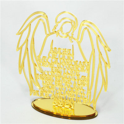 Gold Religious Laser Cut Guardian Angel Prayer with Acrylic Mirror Base Stand Gold Acrylic Mirror Finish Guardian Angel Stand With Gold Writing Cut Through.
