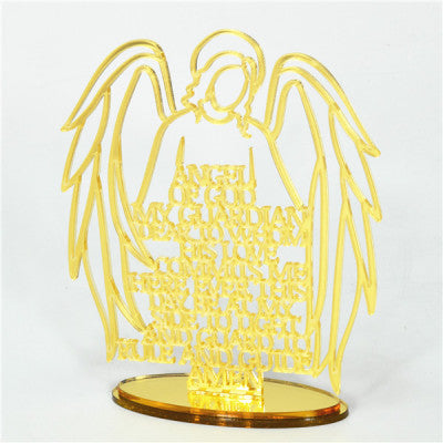 Gold Religious Laser Cut Guardian Angel Prayer with Acrylic Mirror Base Stand Gold Acrylic Mirror Finish Guardian Angel Stand With Gold Writing Cut Through.