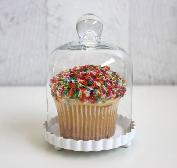 Mini Clear Glass Bell Wedding Favour Cupcake Candle Jar Holder with Cloche Dome Lid on White Fluted Base Gift Bomboniere Christening Baptism Party Events Candle Making Display Stand Dessert Macaroons