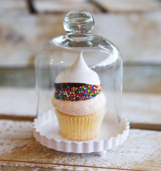 Mini Clear Glass Bell Wedding Favour Cupcake Candle Jar Holder with Cloche Dome Lid on White Fluted Base Gift Bomboniere Christening Baptism Party Events Candle Making Display Stand Dessert Macaroons